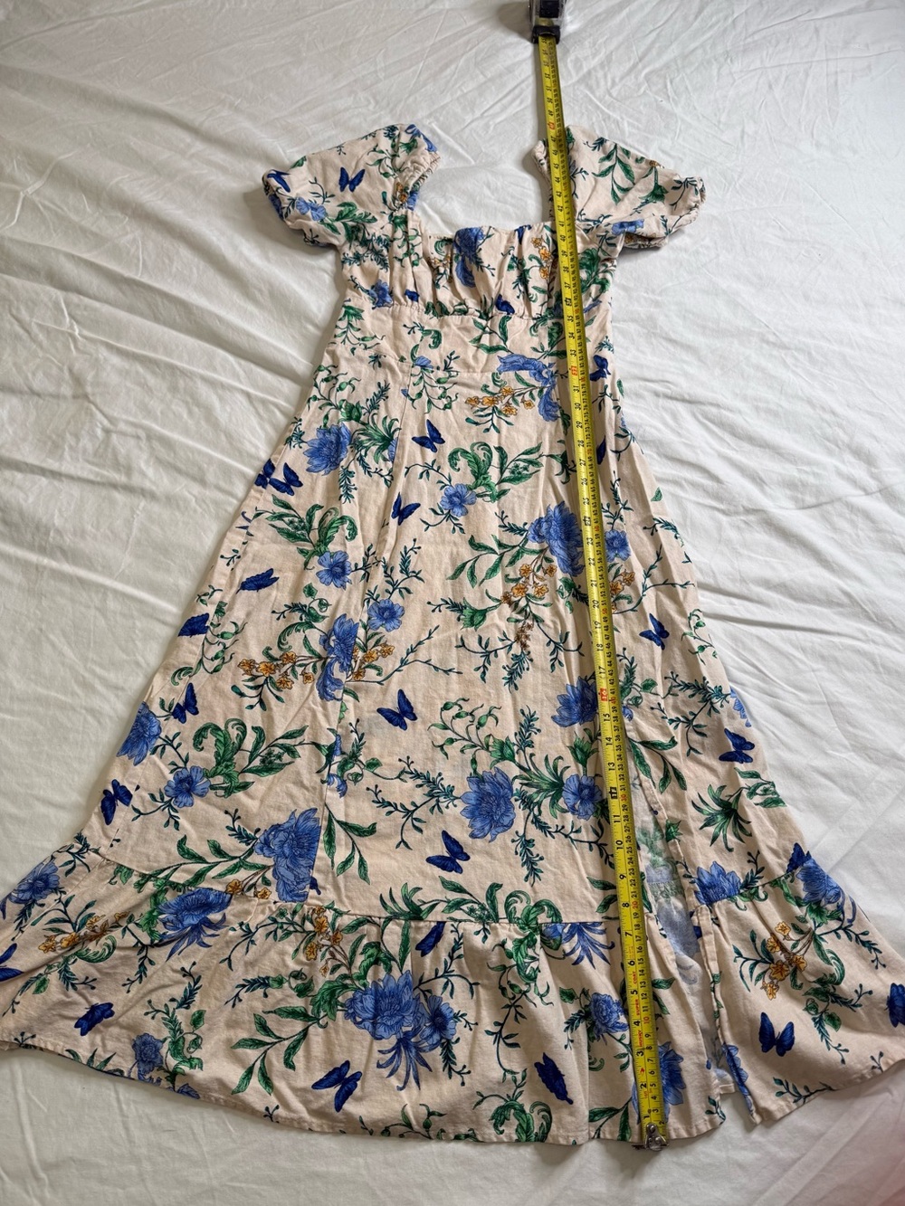 Floral Butterfly Linen Blend Midi Dress Puff Sleeve Autumn Wedding Guest Size 8 - Picture 7 of 11